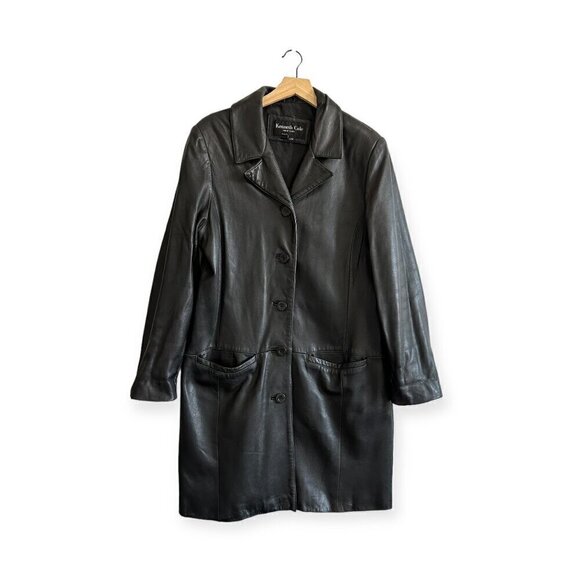 Vintage‎ 90s Kenneth Cole Black Leather Coat, Size L - Picture 1 of 16